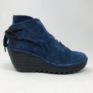 Fly London Yebi Blue Suede Leather Slouch Tie Booties wedge Ankle boots Sz. 39